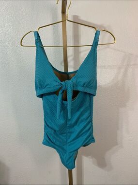 Textured Teal slimming faja One-Piece Swimsuit with Front Tie- Small